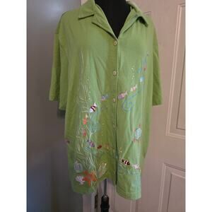 Onque Casuals Under The Sea Shirt Ocean Embroidered Fish Plants Vintage 3X Green